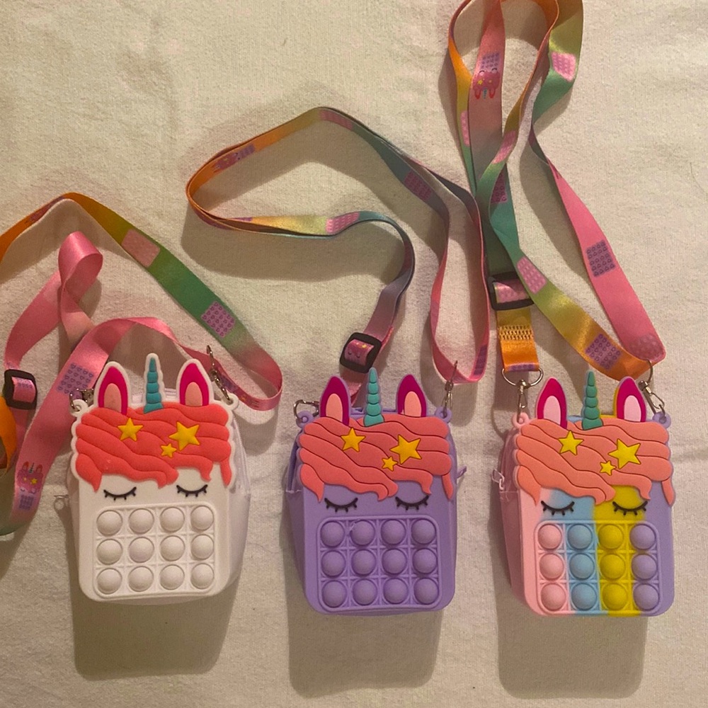 Unicorn pop it purse with adjustable strap